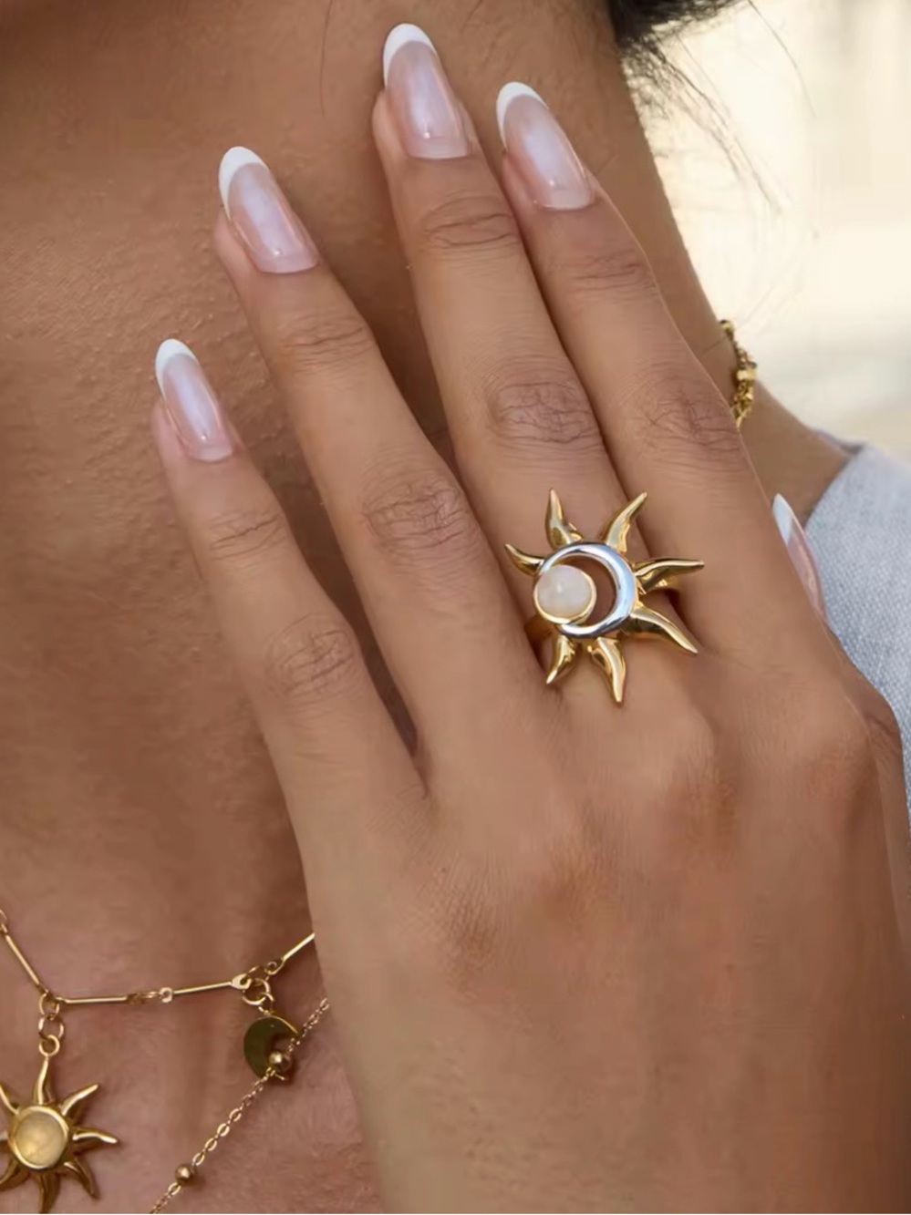 Gold Sun & Moon Statement Ring Waterproof Stainless Steel